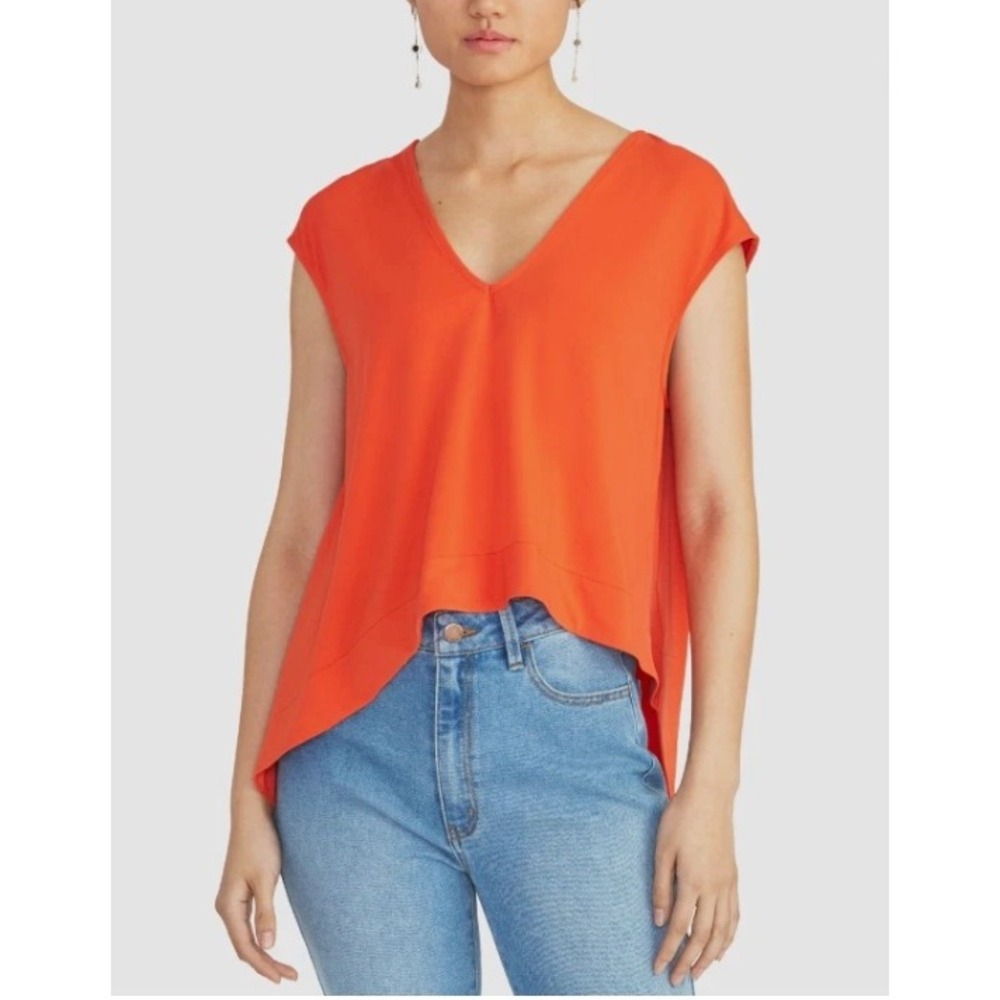 Rachel Roy V-Neck Sleeveless Blouse Hi-Lo Hem Bright Orange Top Size Small‎